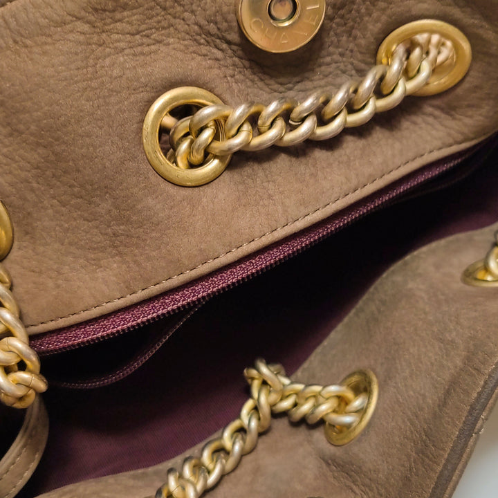 Chanel On My Shoulder Brown Quilted Suede Drawstring Bag