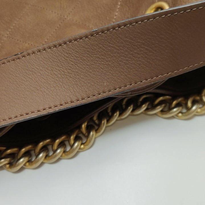 Chanel On My Shoulder Brown Quilted Suede Drawstring Bag
