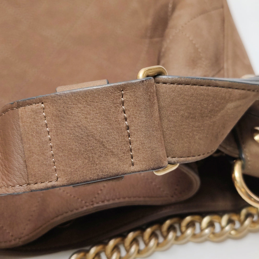 Chanel On My Shoulder Brown Quilted Suede Drawstring Bag