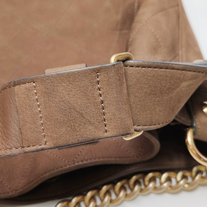 Chanel On My Shoulder Brown Quilted Suede Drawstring Bag