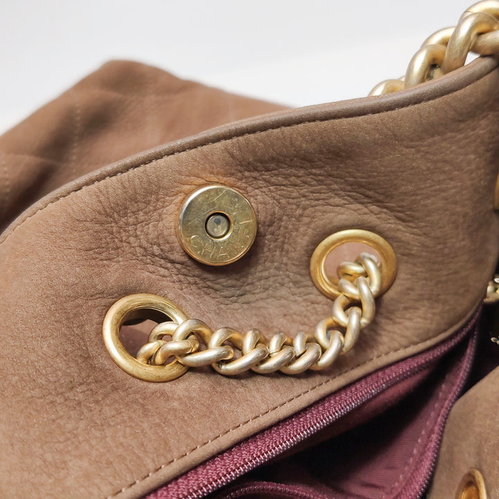 Chanel On My Shoulder Brown Quilted Suede Drawstring Bag