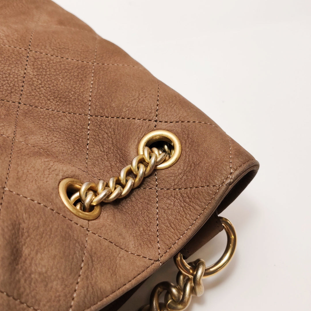 Chanel On My Shoulder Brown Quilted Suede Drawstring Bag