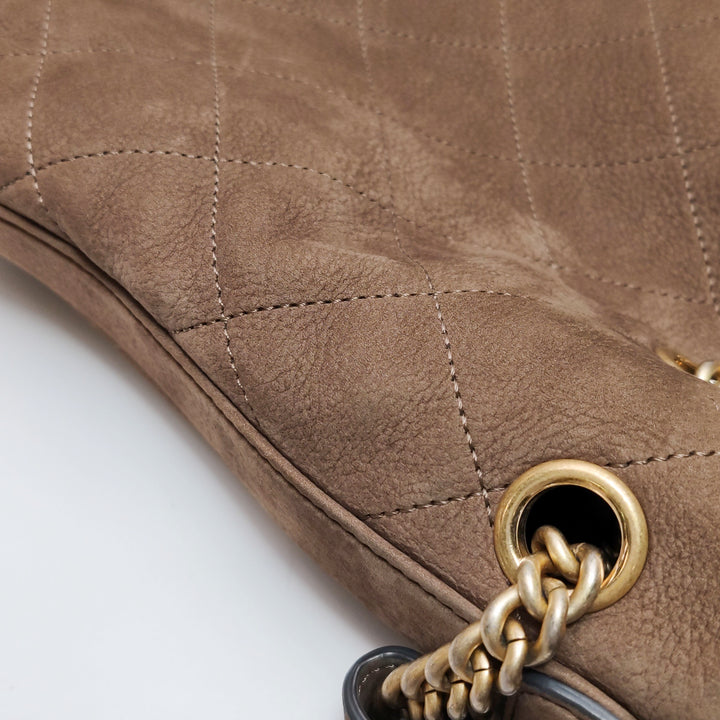 Chanel On My Shoulder Brown Quilted Suede Drawstring Bag
