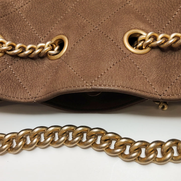 Chanel On My Shoulder Brown Quilted Suede Drawstring Bag