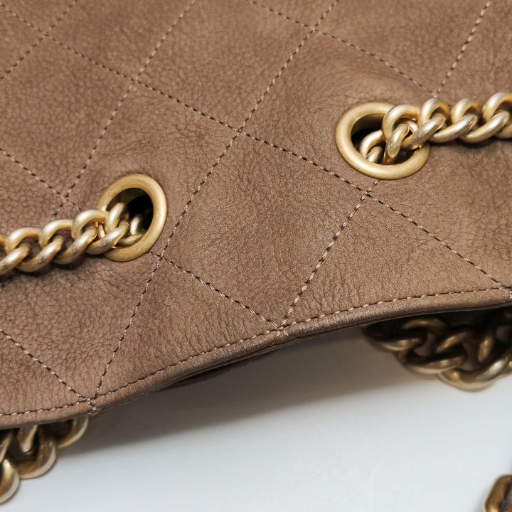Chanel On My Shoulder Brown Quilted Suede Drawstring Bag
