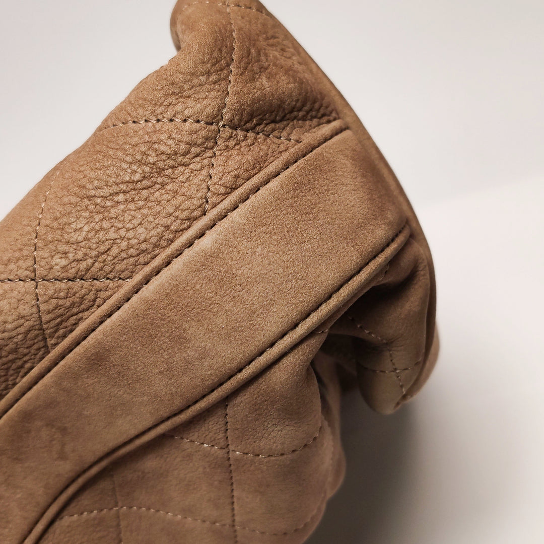 Chanel On My Shoulder Brown Quilted Suede Drawstring Bag