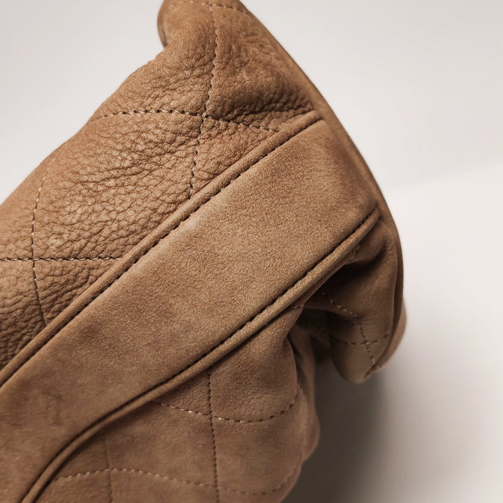 Chanel On My Shoulder Brown Quilted Suede Drawstring Bag