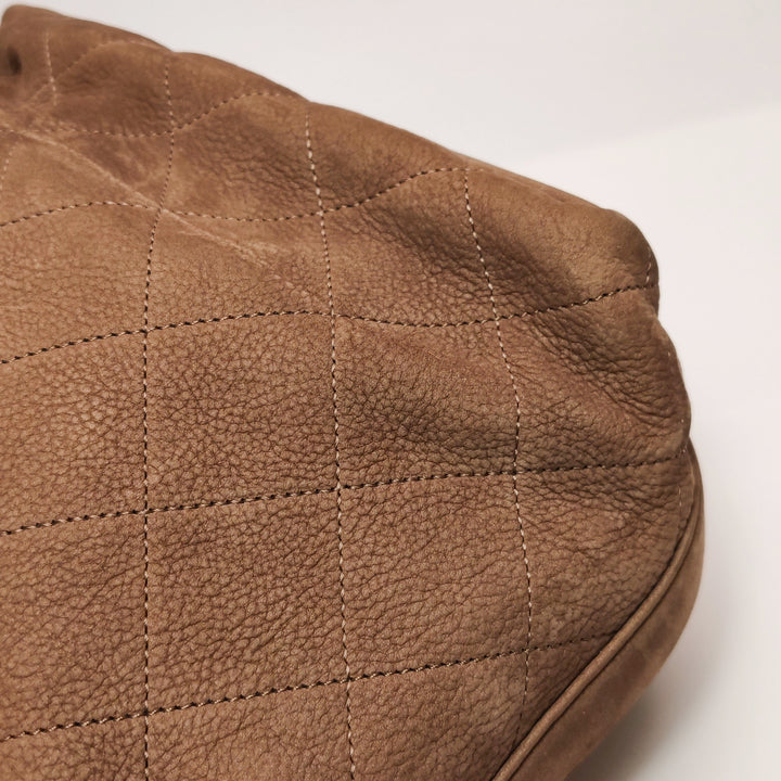 Chanel On My Shoulder Brown Quilted Suede Drawstring Bag