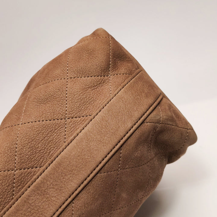 Chanel On My Shoulder Brown Quilted Suede Drawstring Bag