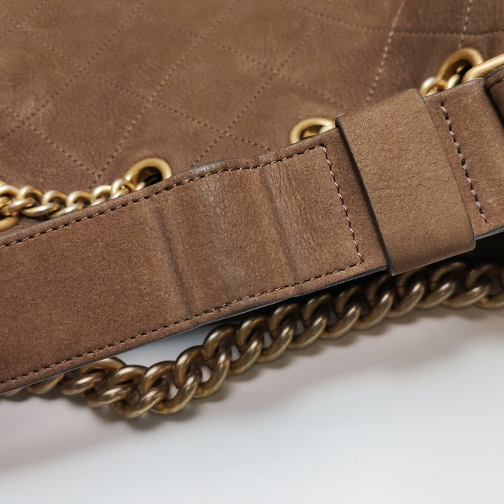 Chanel On My Shoulder Brown Quilted Suede Drawstring Bag