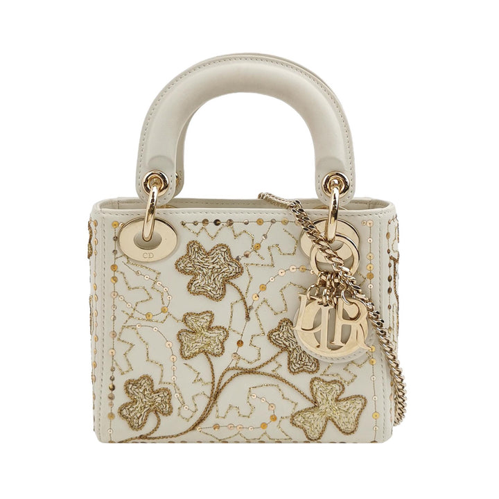 Dior 2018 Mini Lady Dior Smooth White Calfskin Sequin Embroidered Clover