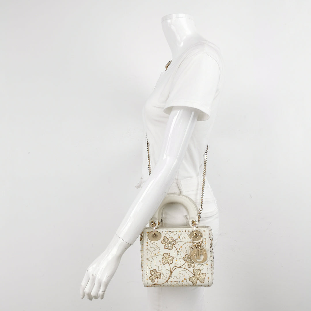Dior 2018 Mini Lady Dior Smooth White Calfskin Sequin Embroidered Clover