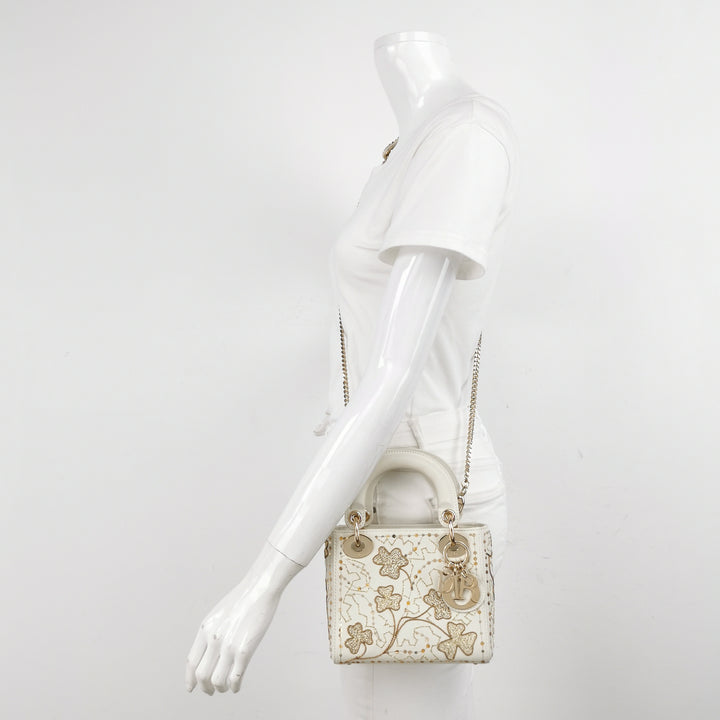 Dior 2018 Mini Lady Dior Smooth White Calfskin Sequin Embroidered Clover
