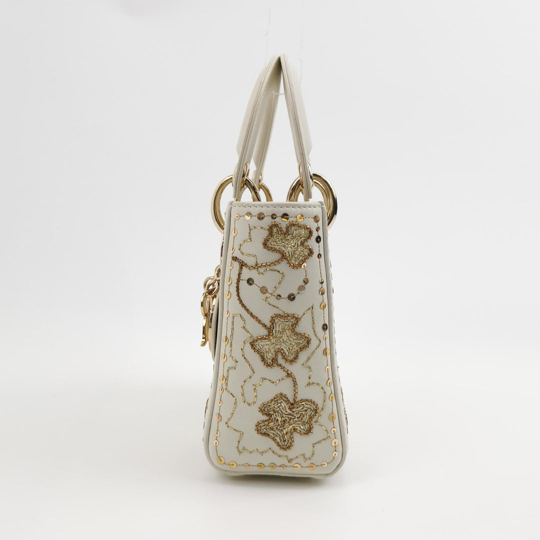 Dior 2018 Mini Lady Dior Smooth White Calfskin Sequin Embroidered Clover