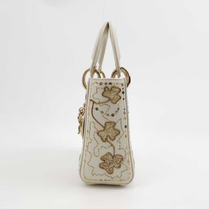 Dior 2018 Mini Lady Dior Smooth White Calfskin Sequin Embroidered Clover