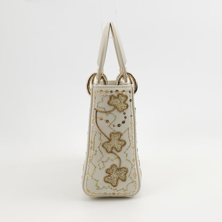 Dior 2018 Mini Lady Dior Smooth White Calfskin Sequin Embroidered Clover