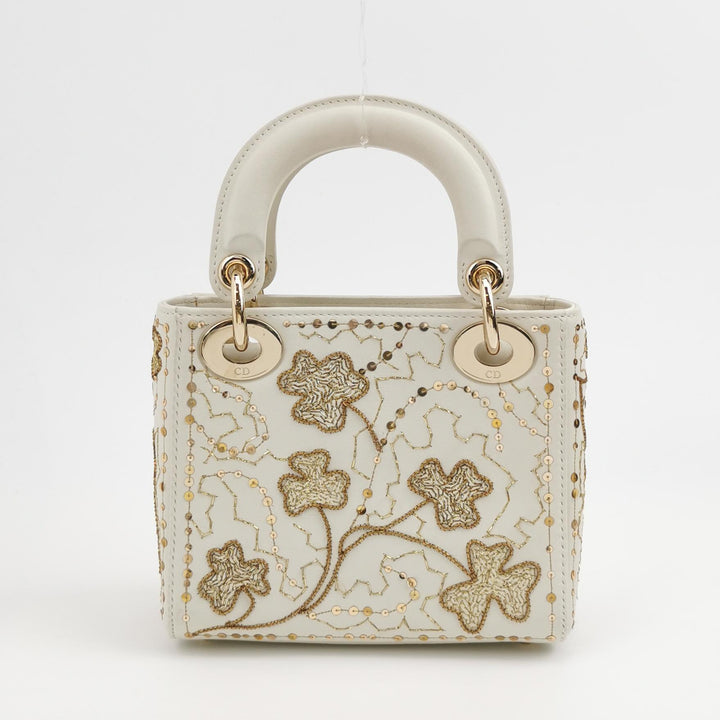 Dior 2018 Mini Lady Dior Smooth White Calfskin Sequin Embroidered Clover