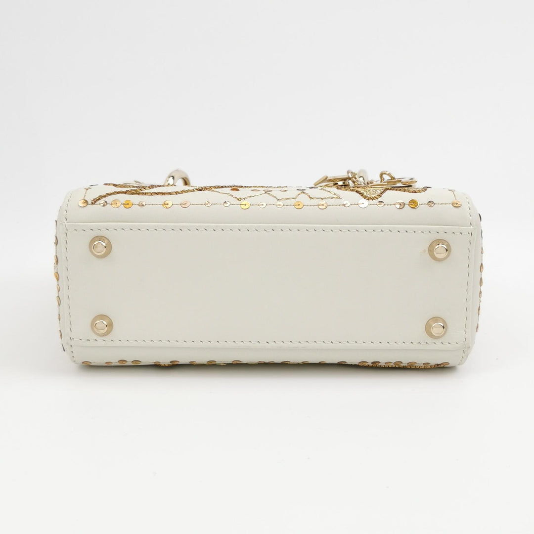 Dior 2018 Mini Lady Dior Smooth White Calfskin Sequin Embroidered Clover