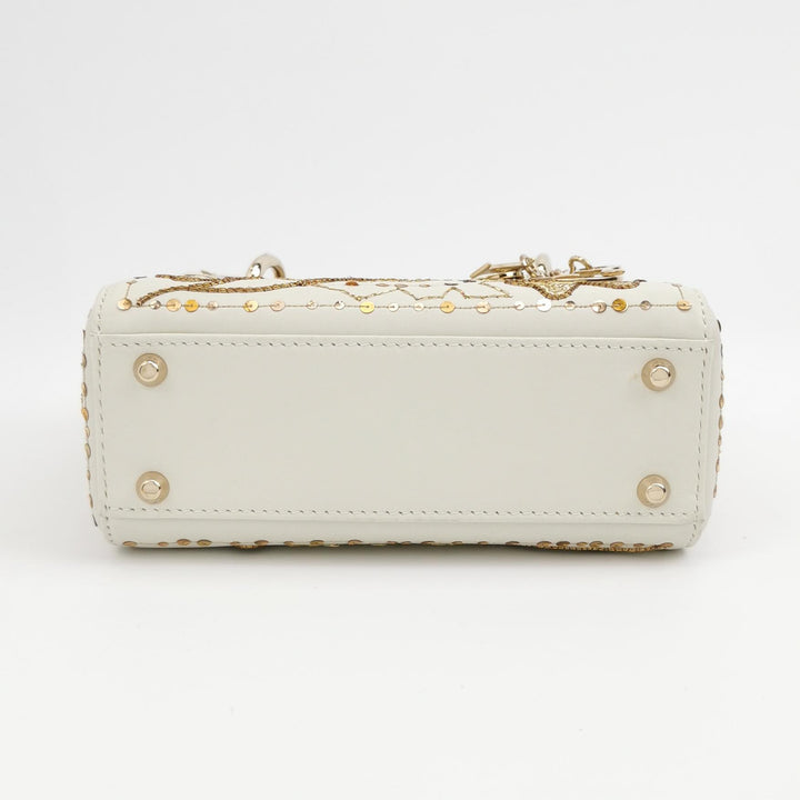 Dior 2018 Mini Lady Dior Smooth White Calfskin Sequin Embroidered Clover