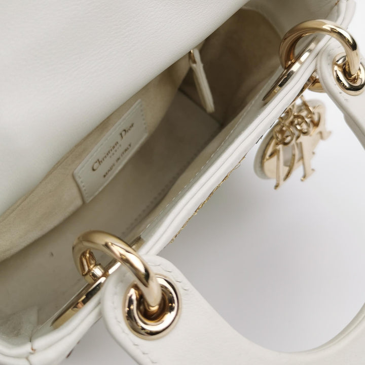 Dior 2018 Mini Lady Dior Smooth White Calfskin Sequin Embroidered Clover