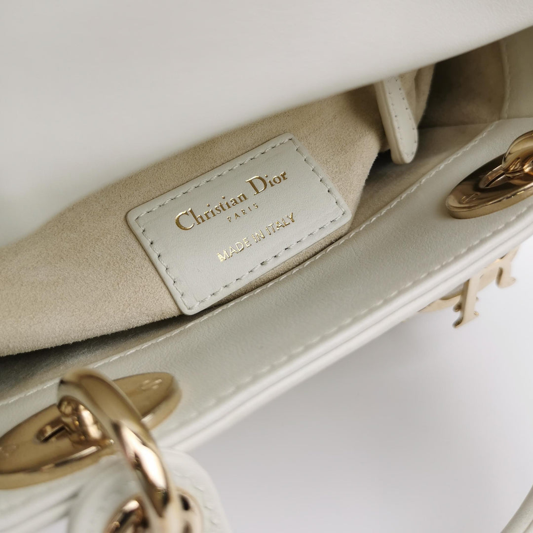 Dior 2018 Mini Lady Dior Smooth White Calfskin Sequin Embroidered Clover