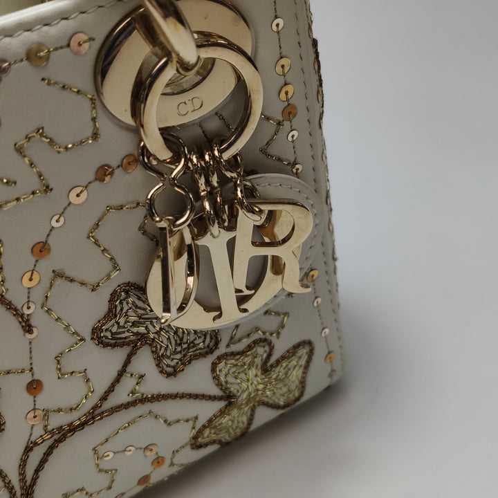 Dior 2018 Mini Lady Dior Smooth White Calfskin Sequin Embroidered Clover