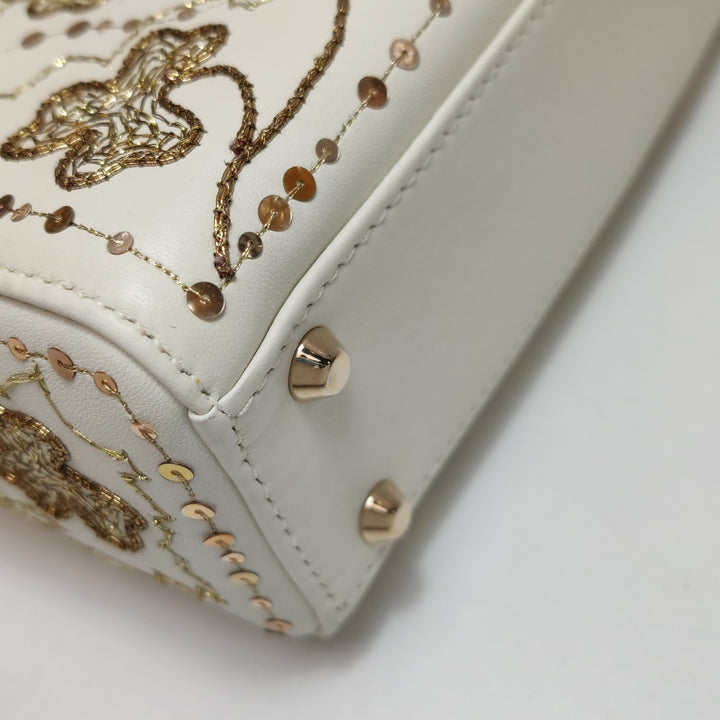 Dior 2018 Mini Lady Dior Smooth White Calfskin Sequin Embroidered Clover