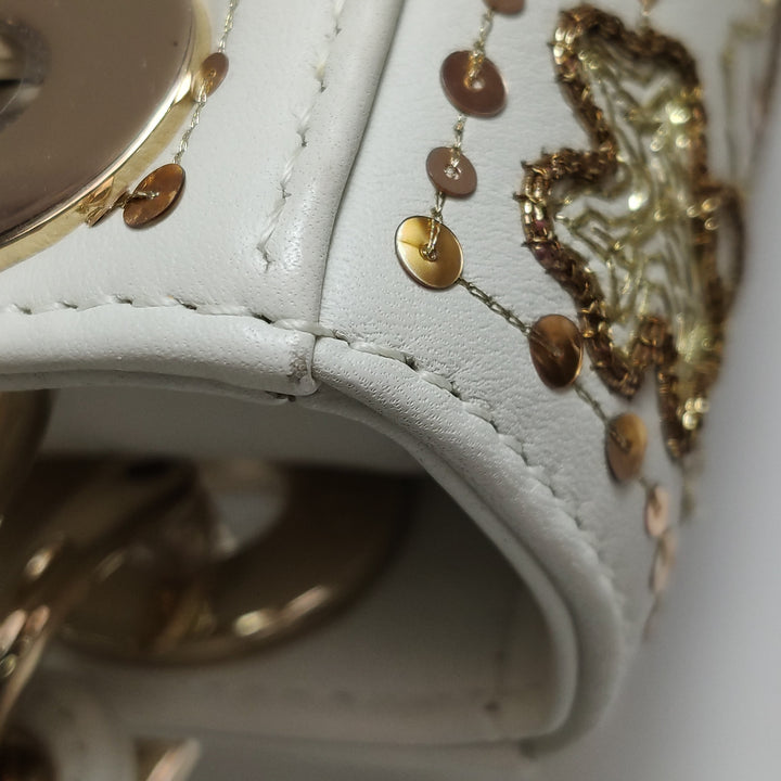 Dior 2018 Mini Lady Dior Smooth White Calfskin Sequin Embroidered Clover