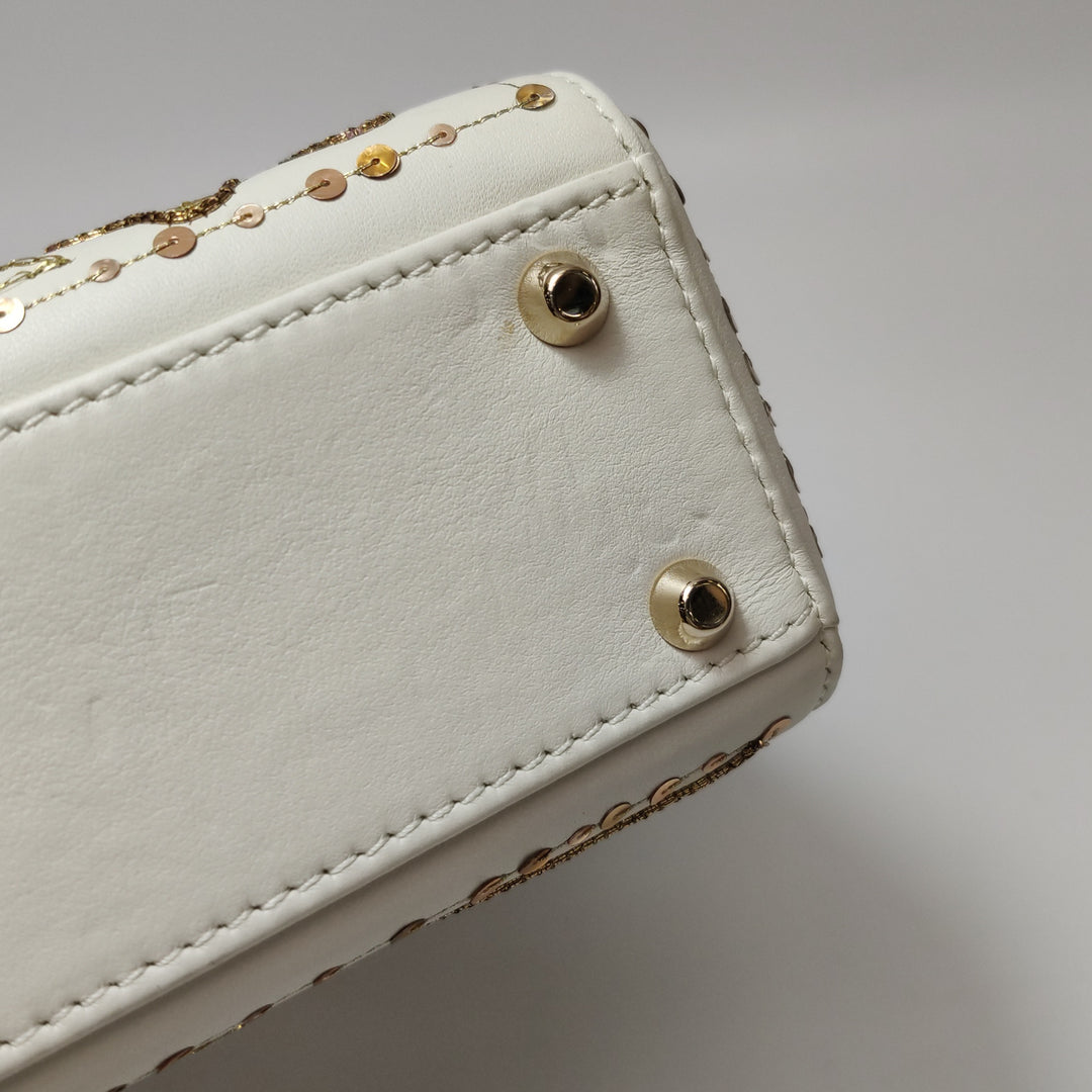Dior 2018 Mini Lady Dior Smooth White Calfskin Sequin Embroidered Clover