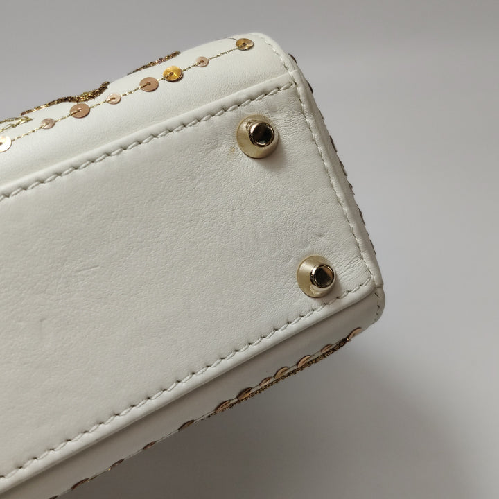 Dior 2018 Mini Lady Dior Smooth White Calfskin Sequin Embroidered Clover