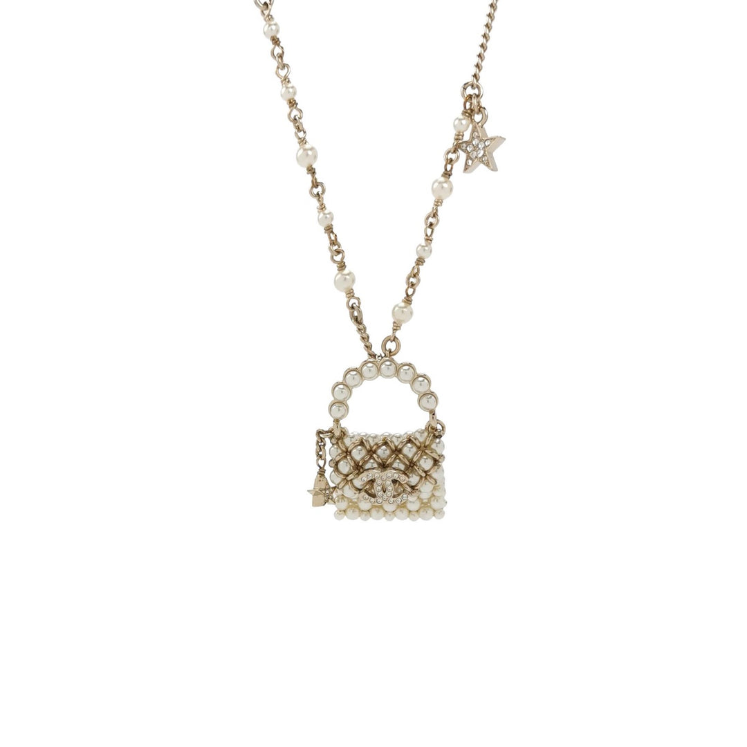 Chanel Little Bag Pendent Faux Pearl Necklace CC Logo