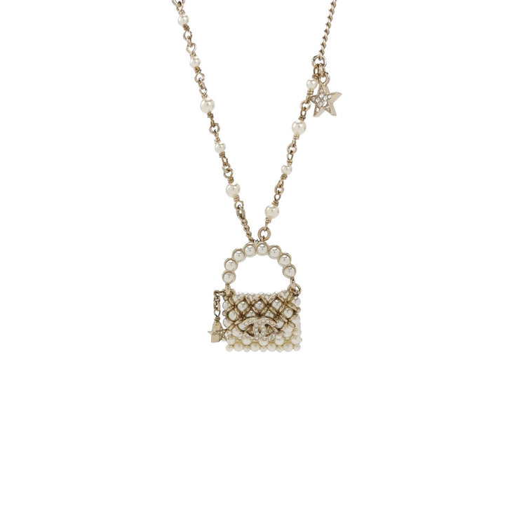 Chanel Little Bag Pendent Faux Pearl Necklace CC Logo