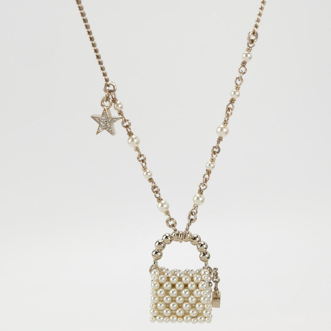 Chanel Little Bag Pendent Faux Pearl Necklace CC Logo