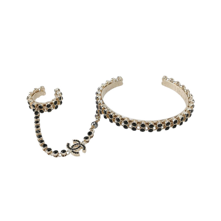 Chanel CC Logo Black Gold Ring Link With Cuff Bracelet