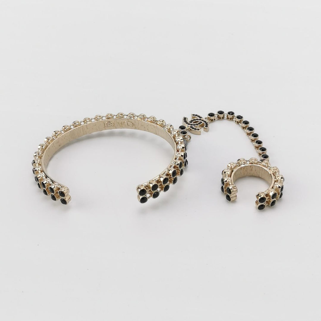Chanel CC Logo Black Gold Ring Link With Cuff Bracelet