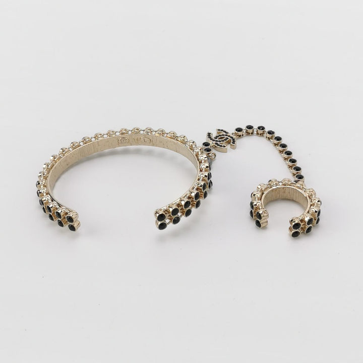 Chanel CC Logo Black Gold Ring Link With Cuff Bracelet