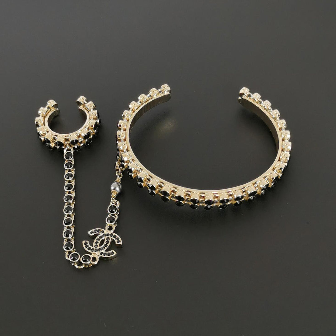 Chanel CC Logo Black Gold Ring Link With Cuff Bracelet