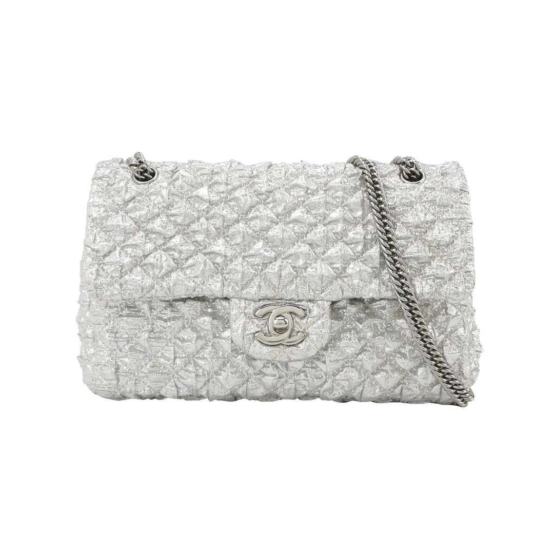Chanel Metallic Silver Quilted Bubble CC Flap Bag
