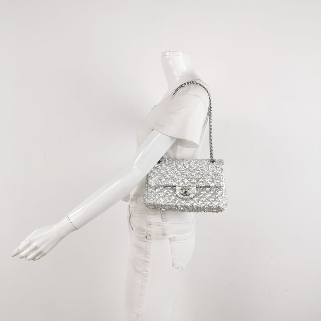 Chanel Metallic Silver Quilted Bubble CC Flap Bag