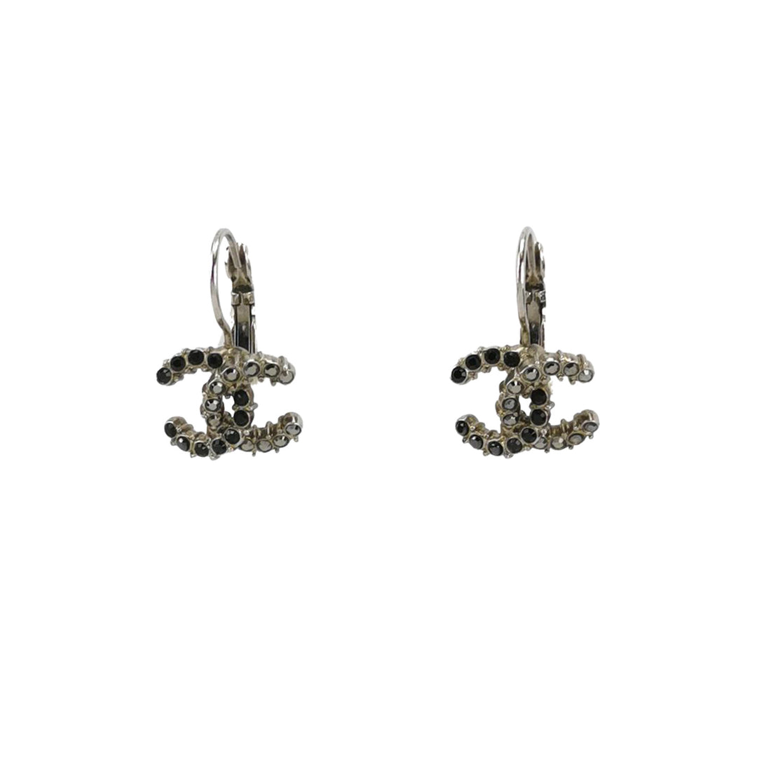 Chanel CC Logo Earrings Black White Crystal