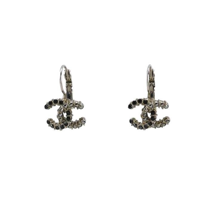 Chanel CC Logo Earrings Black White Crystal