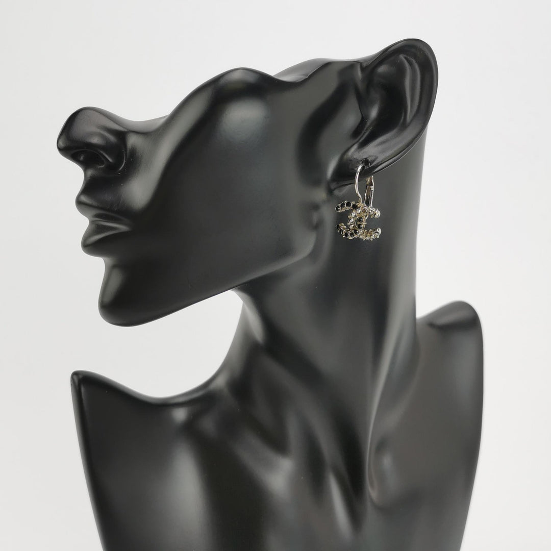 Chanel CC Logo Earrings Black White Crystal