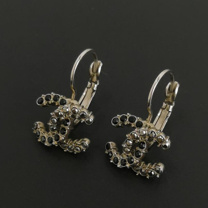 Chanel CC Logo Earrings Black White Crystal