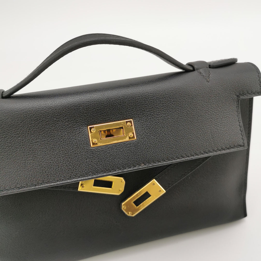 Hermes Kelly Pochette Black Swift Gold Hardware