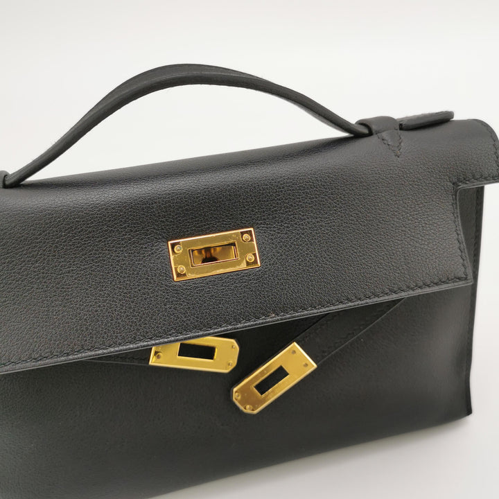 Hermes Kelly Pochette Black Swift Gold Hardware