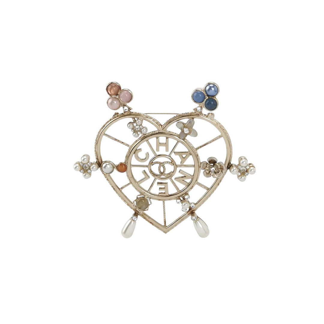 Chanel C19 CC Heart Shape Pin Brooch with Multicolour Crystal Pearls