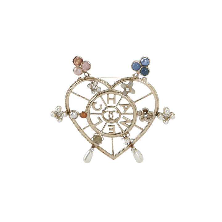 Chanel C19 CC Heart Shape Pin Brooch with Multicolour Crystal Pearls
