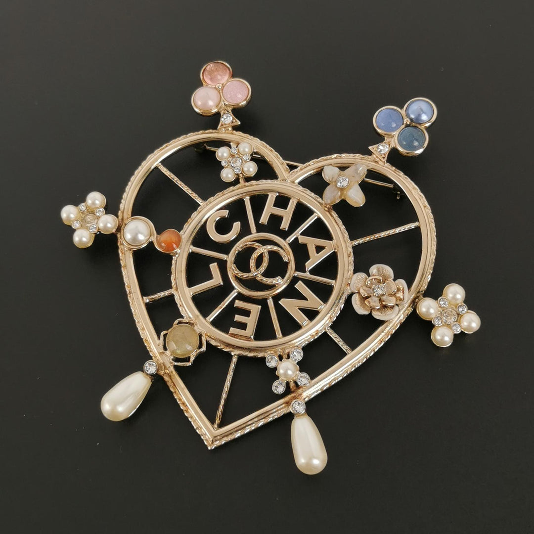 Chanel C19 CC Heart Shape Pin Brooch with Multicolour Crystal Pearls