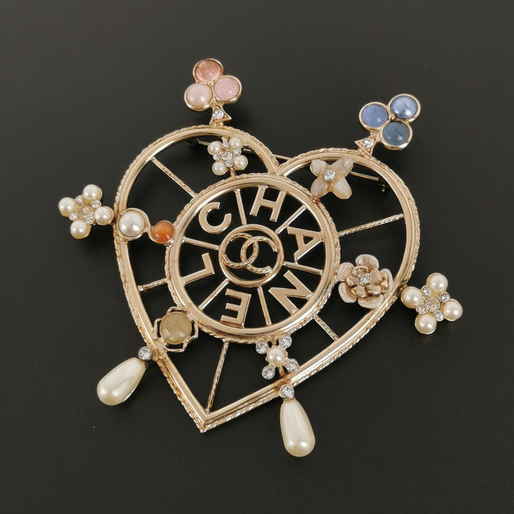 Chanel C19 CC Heart Shape Pin Brooch with Multicolour Crystal Pearls