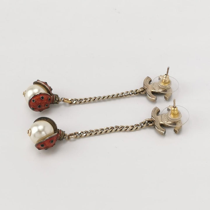 Chanel CC Logo Ladybug Faux Pearl Dangle Earrings